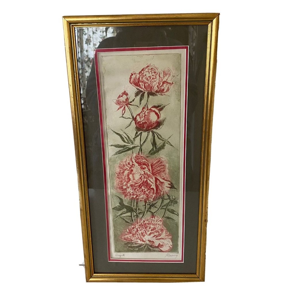 Gold wood framed red peonies wall art picture signed 21"x 10"